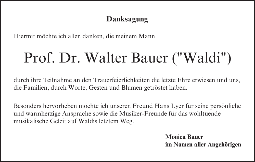  Traueranzeige für Walter Bauer vom 14.10.2023 aus MGO