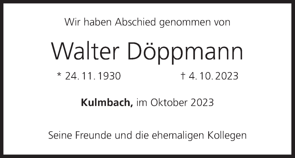  Traueranzeige für Walter Döppmann vom 28.10.2023 aus MGO
