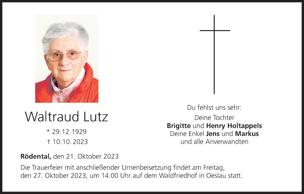  Traueranzeige für Waltraud Lutz vom 21.10.2023 aus MGO