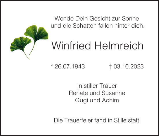Anzeige von Winfried Helmreich von MGO