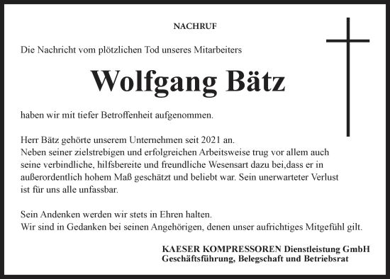 Anzeige von Wolfgang Bätz von MGO