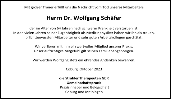 Anzeige von Wolfgang Schäfer von MGO