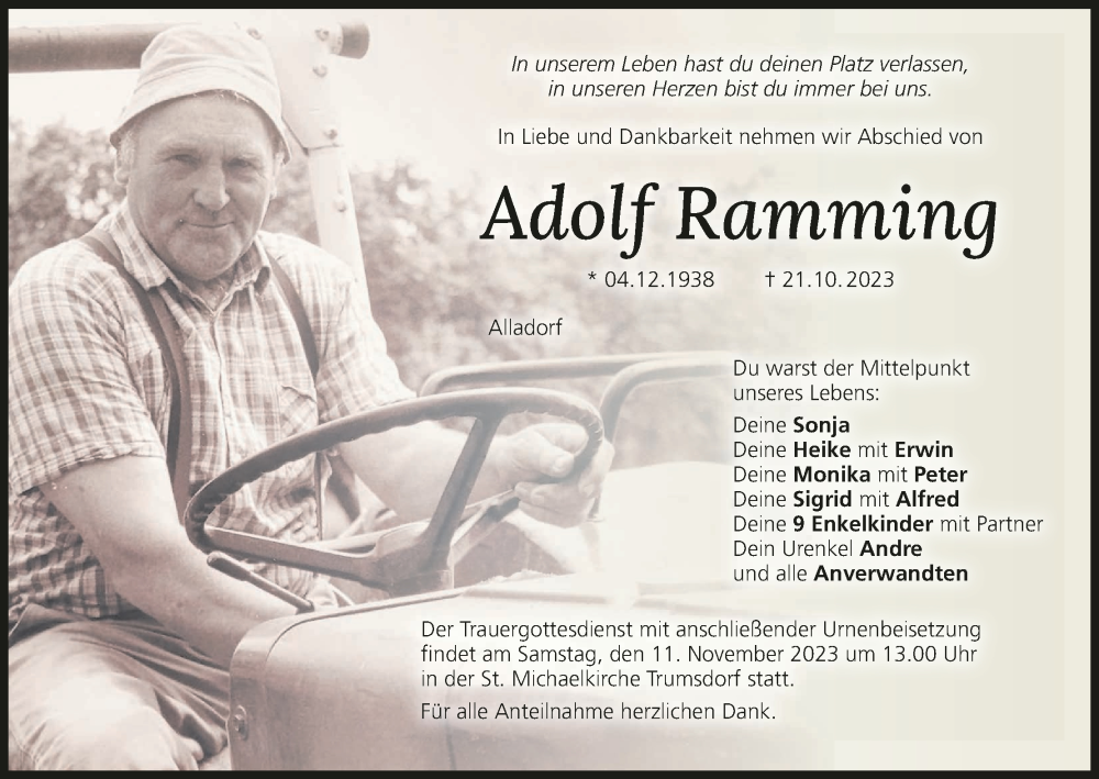  Traueranzeige für Adolf Ramming vom 08.11.2023 aus MGO