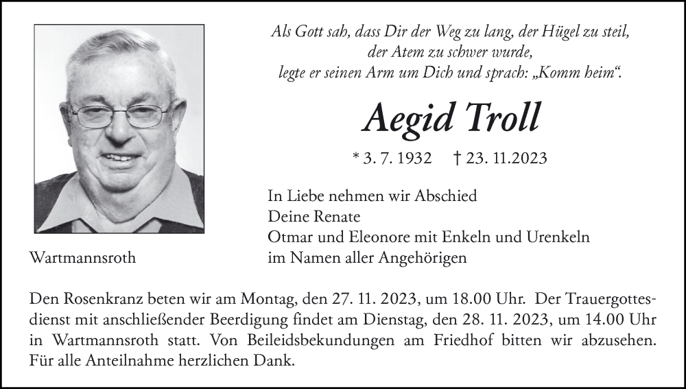  Traueranzeige für Aegid Troll vom 25.11.2023 aus MGO