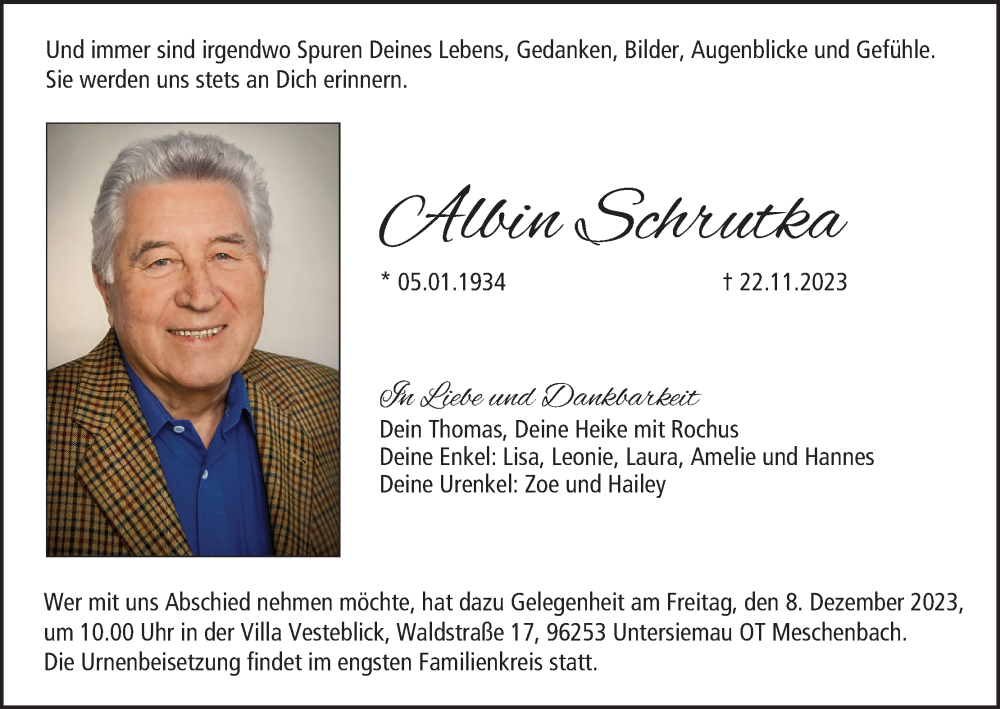  Traueranzeige für Albin Schrutzka vom 25.11.2023 aus MGO