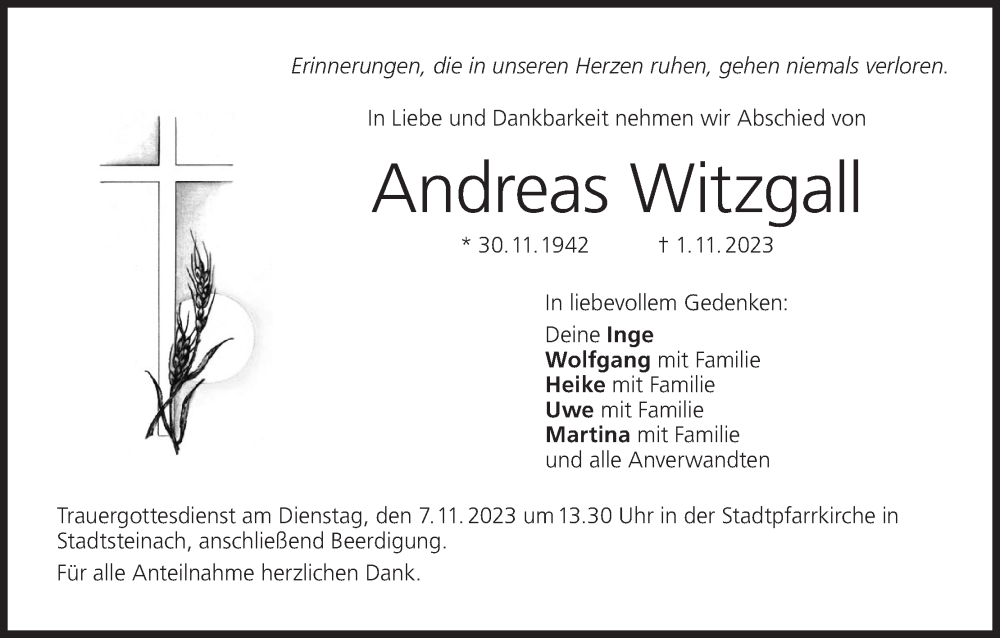  Traueranzeige für Andreas Witzgalt vom 04.11.2023 aus MGO