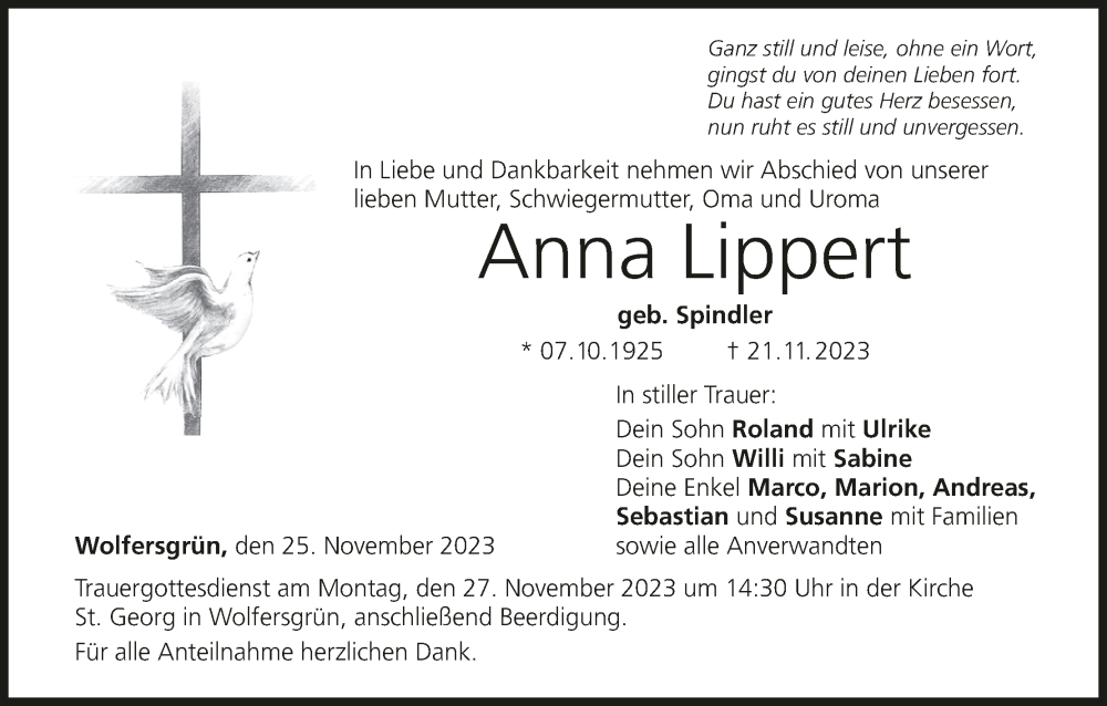  Traueranzeige für Anna Lippert vom 25.11.2023 aus MGO