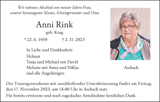 Anzeige von Anni Rink von MGO