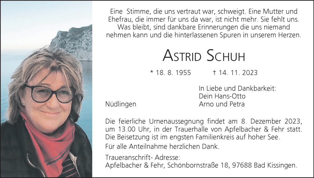  Traueranzeige für Astrid Schuh vom 18.11.2023 aus MGO