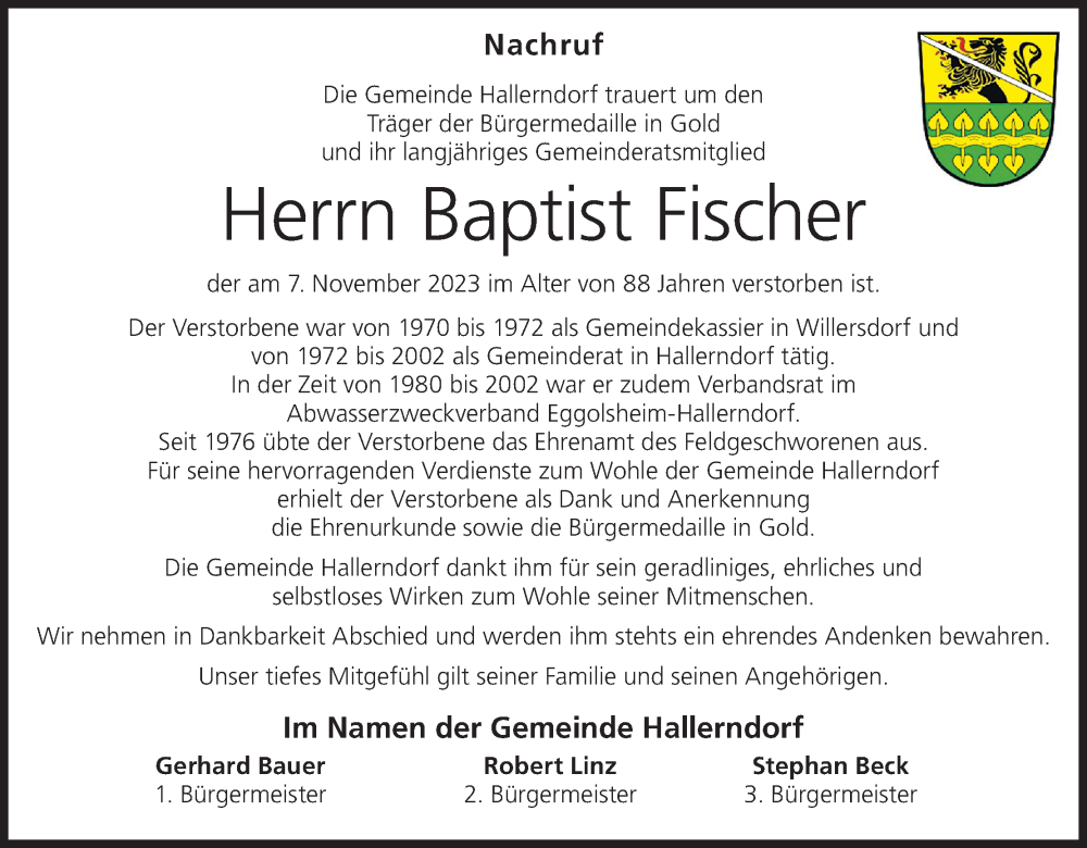  Traueranzeige für Baptist Fischer vom 11.11.2023 aus MGO