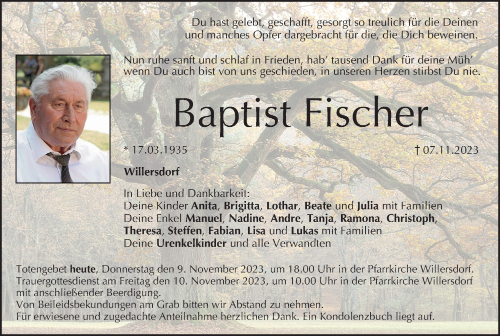  Traueranzeige für Baptist Fischer vom 09.11.2023 aus MGO