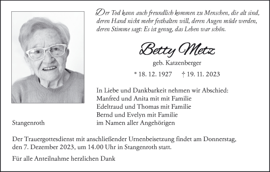 Anzeige von Betty Metz von MGO