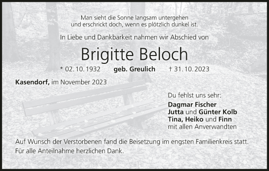 Anzeige von Brigitte Beloch von MGO