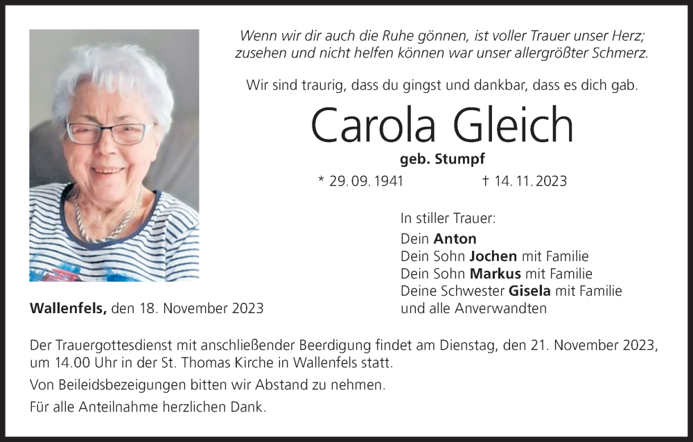  Traueranzeige für Carola Gleich vom 18.11.2023 aus MGO