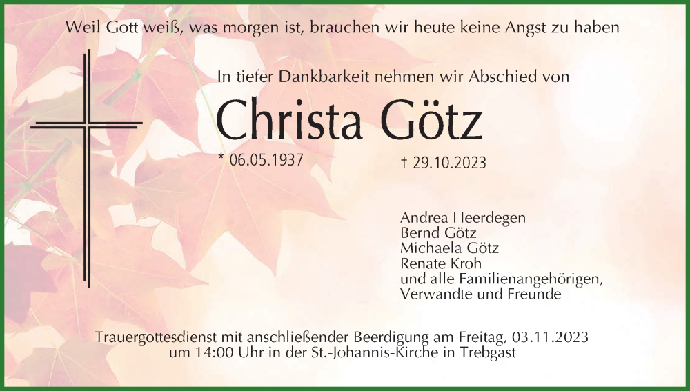  Traueranzeige für Christa Götz vom 03.11.2023 aus MGO