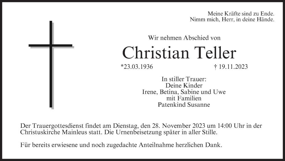  Traueranzeige für Christian Teller vom 25.11.2023 aus MGO