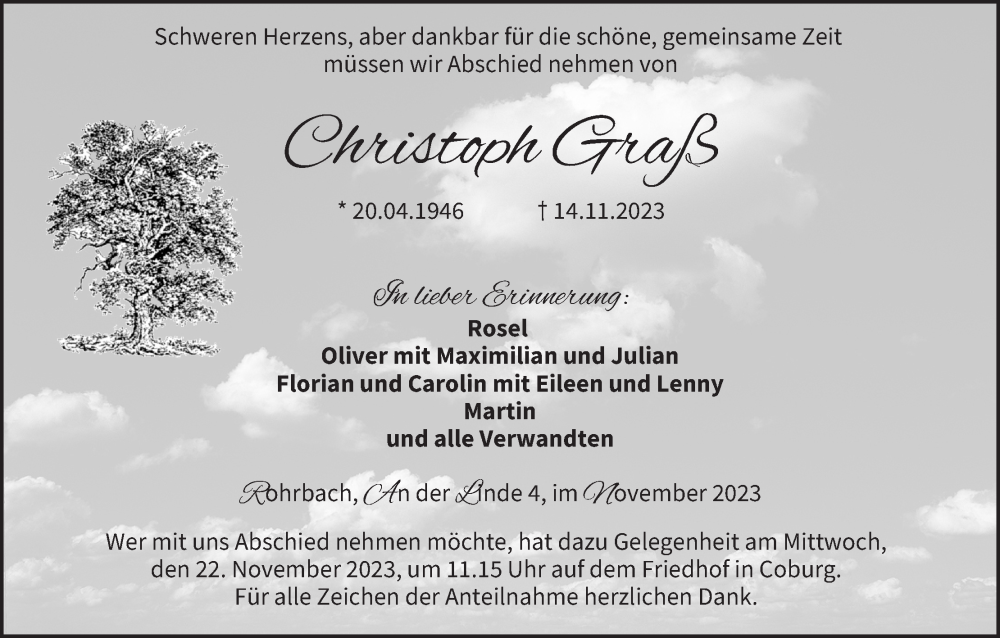  Traueranzeige für Christoph Graß vom 18.11.2023 aus MGO