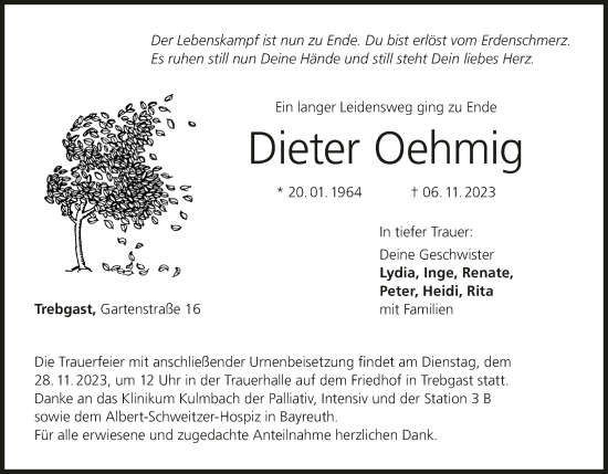 Anzeige von Dieter Oehmig von MGO