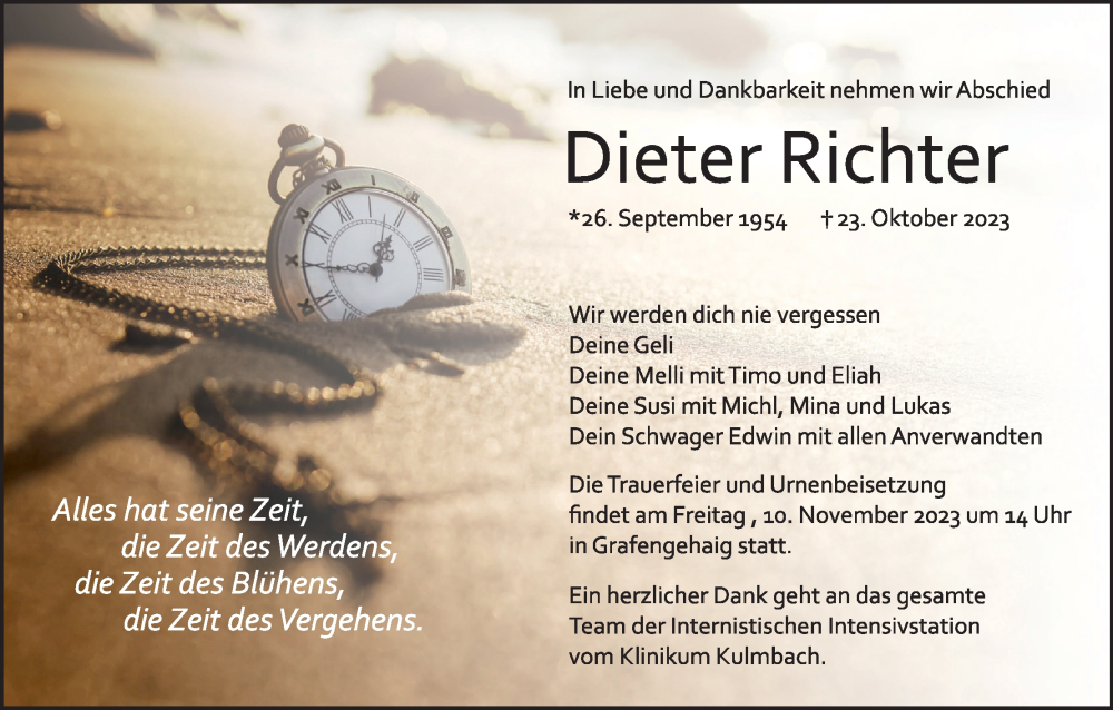  Traueranzeige für Dieter Richter vom 04.11.2023 aus MGO