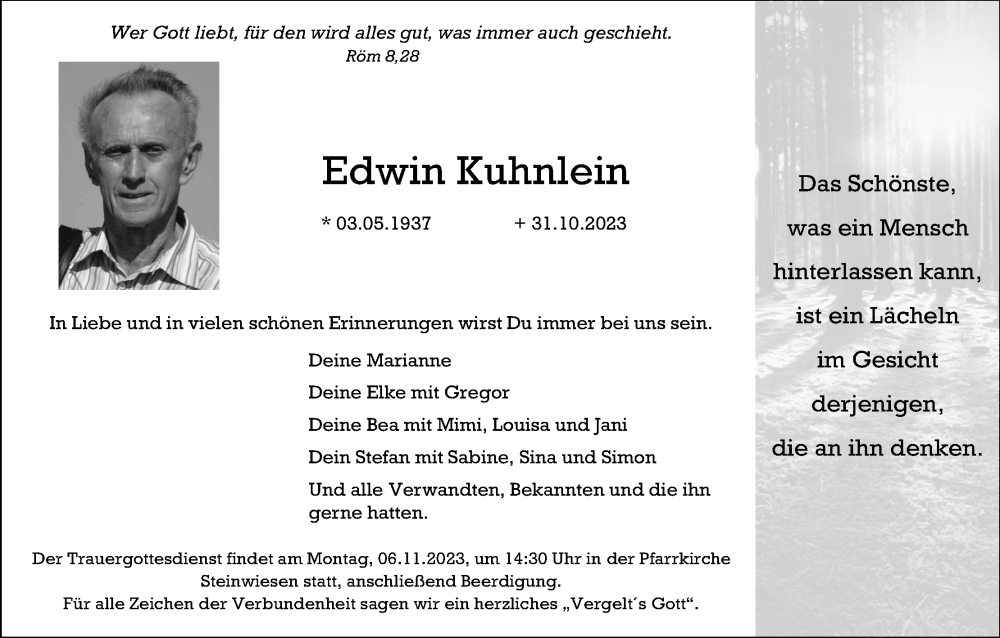  Traueranzeige für Edwin Kuhnlein vom 04.11.2023 aus MGO
