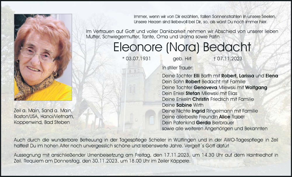  Traueranzeige für Eleonore  Bedacht vom 11.11.2023 aus MGO