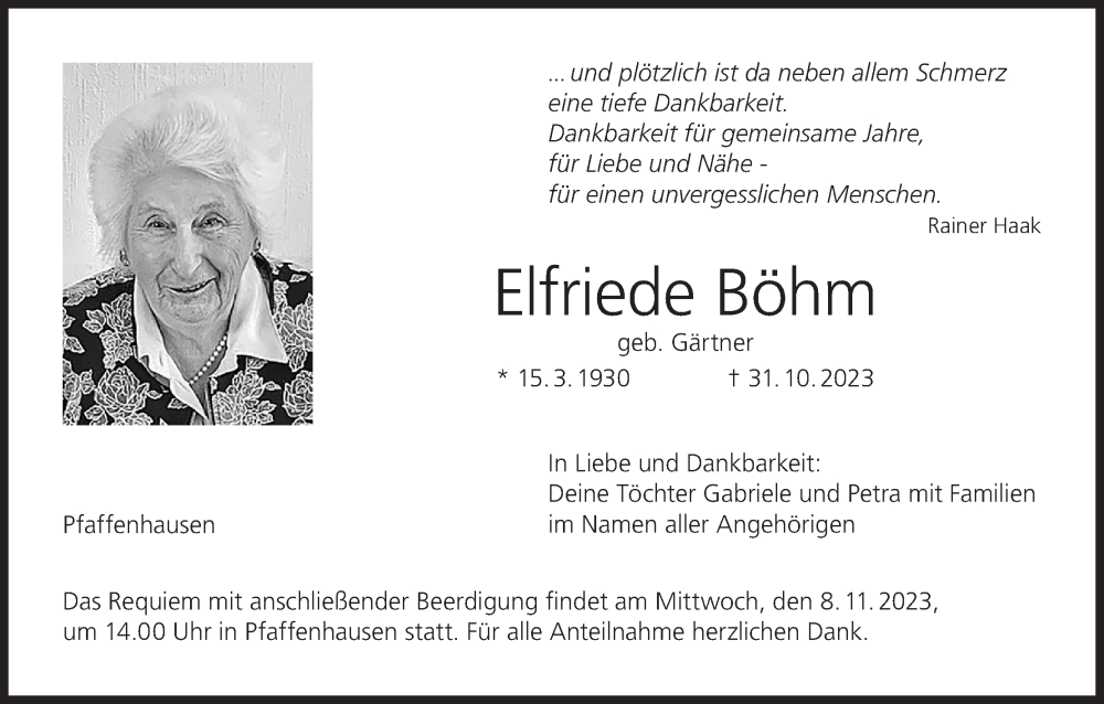  Traueranzeige für Elfriede Böhm vom 04.11.2023 aus MGO