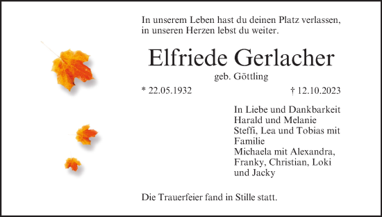 Anzeige von Elfriede Gerlacher von MGO