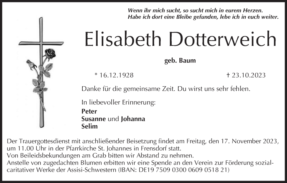  Traueranzeige für Elisabeth Dotterweich vom 11.11.2023 aus MGO