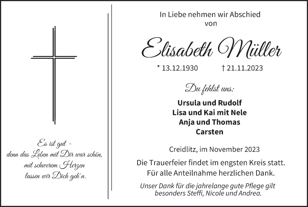  Traueranzeige für Elisabeth Müller vom 25.11.2023 aus MGO