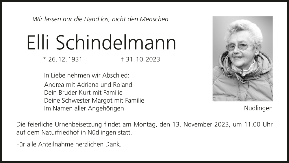  Traueranzeige für Elli Schindelmann vom 11.11.2023 aus MGO