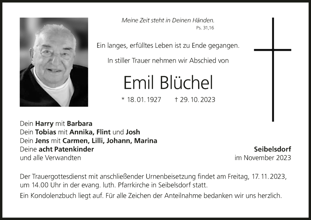  Traueranzeige für Emil Blüchel vom 15.11.2023 aus MGO
