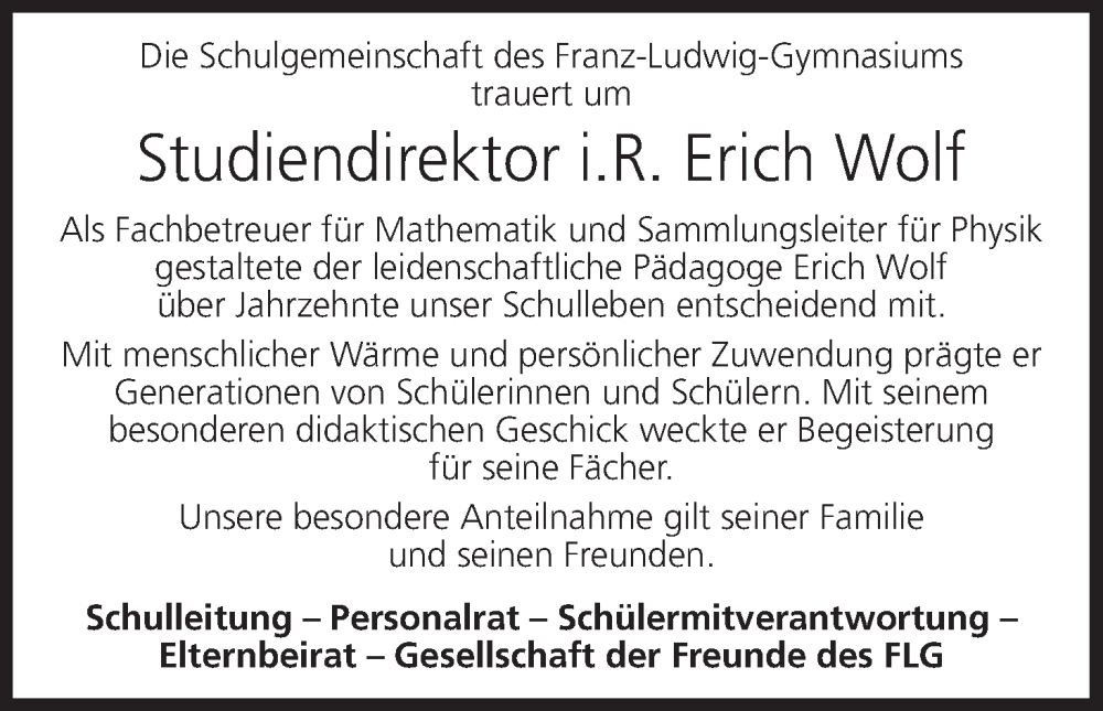  Traueranzeige für Erich Wolf vom 10.11.2023 aus MGO
