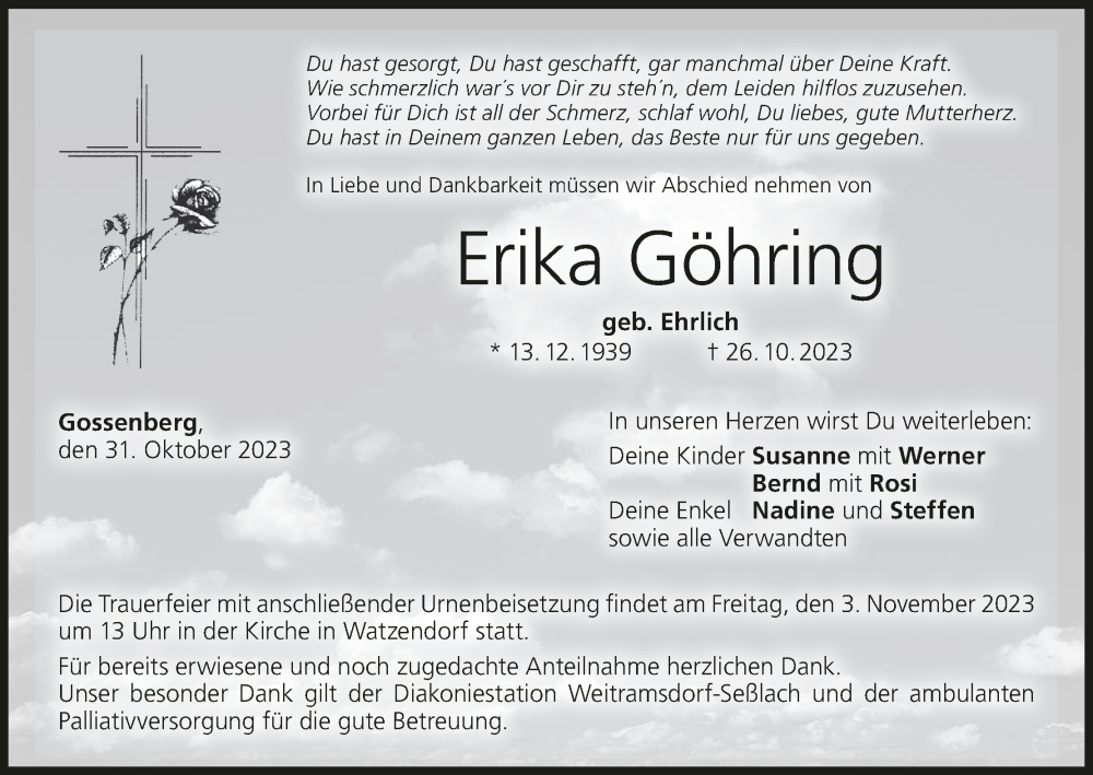  Traueranzeige für Erika Göhring vom 31.10.2023 aus MGO