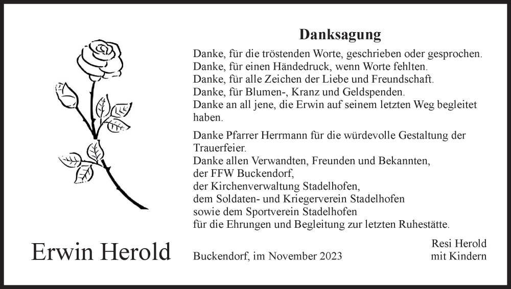 Traueranzeige für Erwin Herold vom 18.11.2023 aus MGO