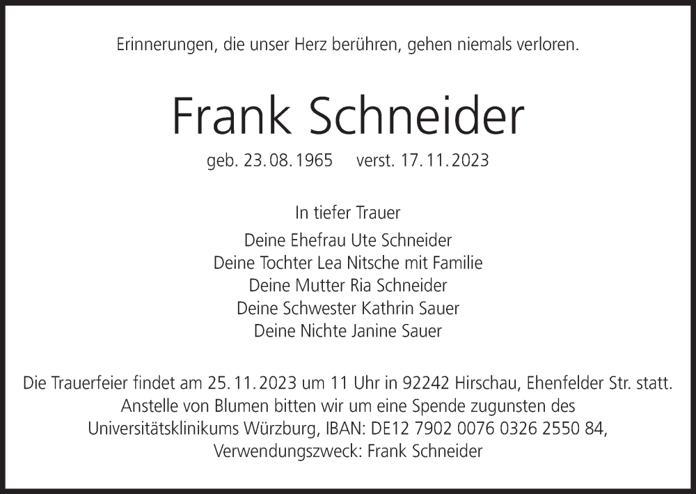  Traueranzeige für Frank Schneider vom 22.11.2023 aus MGO