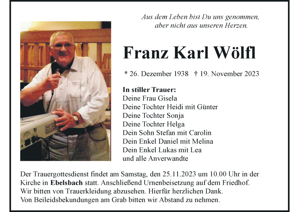  Traueranzeige für Franz Karl Wölfl vom 22.11.2023 aus MGO