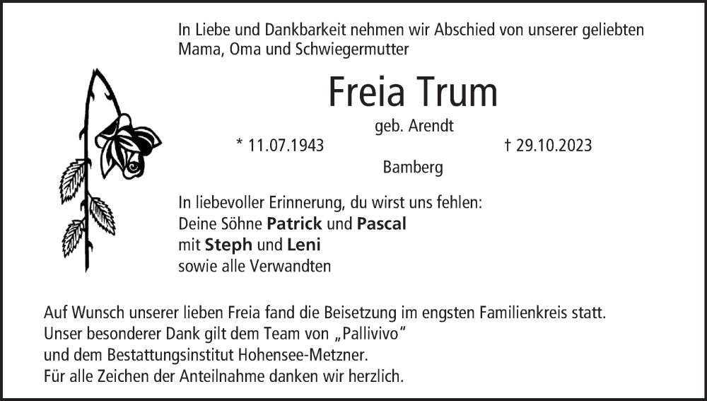  Traueranzeige für Freia Trum vom 11.11.2023 aus MGO