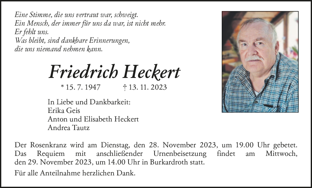  Traueranzeige für Friedrich Heckert vom 25.11.2023 aus MGO