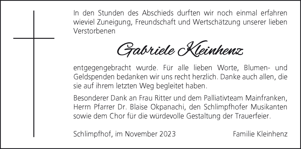  Traueranzeige für Gabriele Kleinhenz vom 04.11.2023 aus MGO