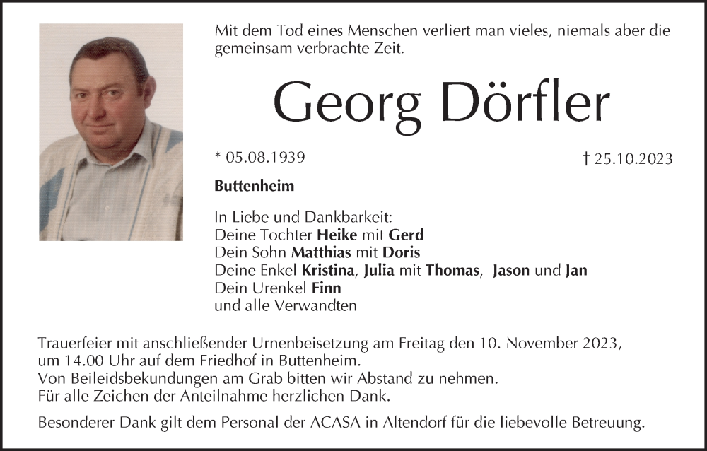  Traueranzeige für Georg Dörfler vom 04.11.2023 aus MGO
