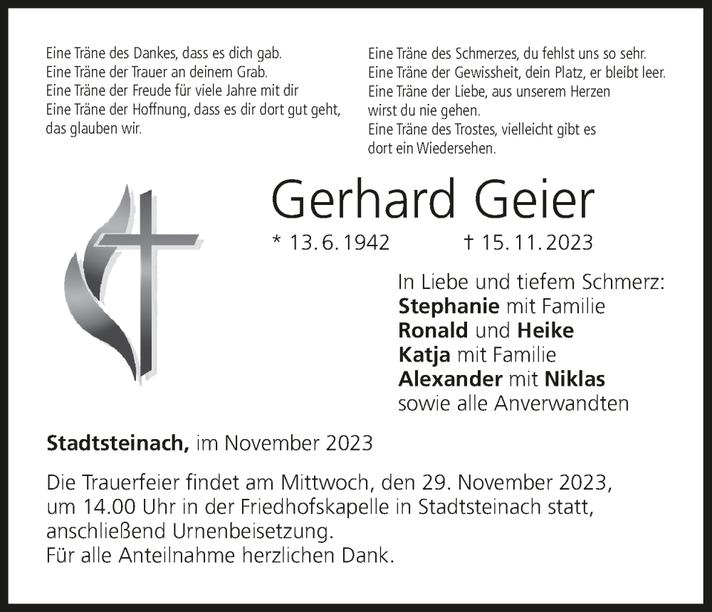  Traueranzeige für Gerhard Geier vom 25.11.2023 aus MGO
