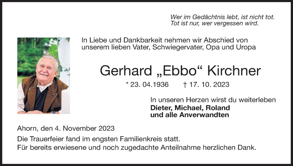  Traueranzeige für Gerhard  Kirchner vom 04.11.2023 aus MGO
