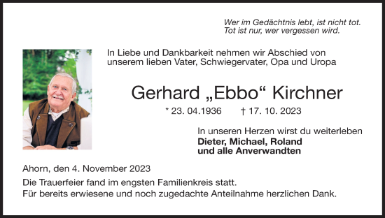 Anzeige von Gerhard  Kirchner von MGO