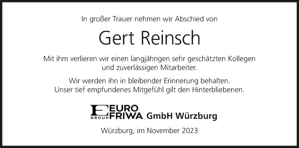  Traueranzeige für Gert Reinsch vom 11.11.2023 aus MGO