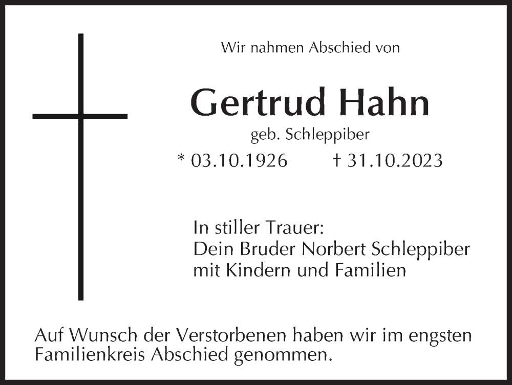  Traueranzeige für Gertrud Hahn vom 13.11.2023 aus MGO
