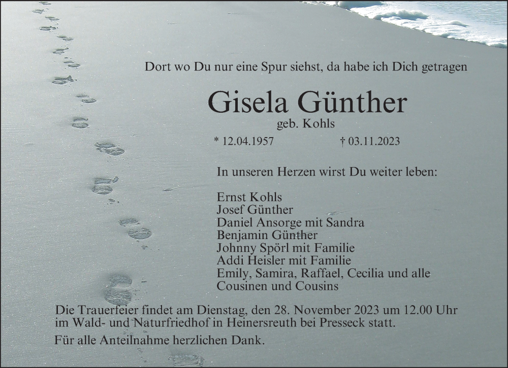  Traueranzeige für Gisela Günther vom 18.11.2023 aus MGO