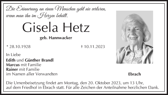 Anzeige von Gisela Hetz von MGO