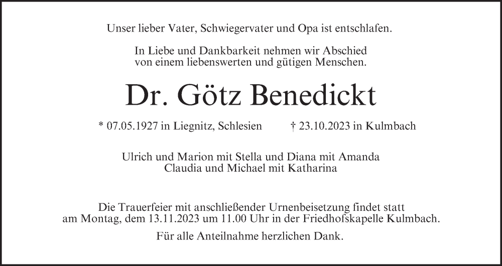  Traueranzeige für Götz Benedickt vom 08.11.2023 aus MGO