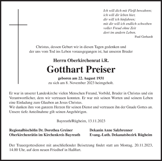 Anzeige von Gotthart Preiser von MGO