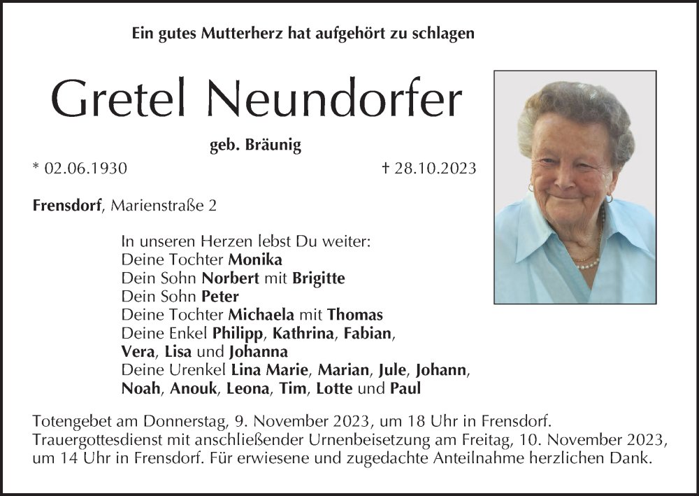  Traueranzeige für Gretel Neundorfer vom 04.11.2023 aus MGO